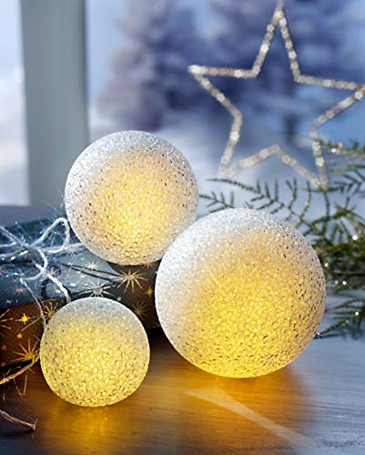 W LED-Kugeln *Frosty*, 3er-Set mit 3 Größen, bis Ø 12 cm je mit warmweißer LED