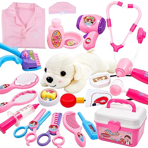 BUYGER 2 in 1 Tierarztkoffer für Kinder mit Hund, Arztkoffer Kinder Rollenspiel Spielzeug Tierarzt Spielset Hundesalon, Geschenk für Kinder ab 3+ Jahre