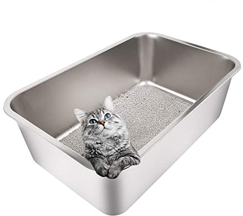Yangbaga XXL Edelstahl Katzentoilette, Katzenklo in 60x 40x 20 cm, robuste Katzentoilette, Nicht leicht zu verzerren, Kaninchentoilette, Toilette für großes Häschen und große Katze (Silber)