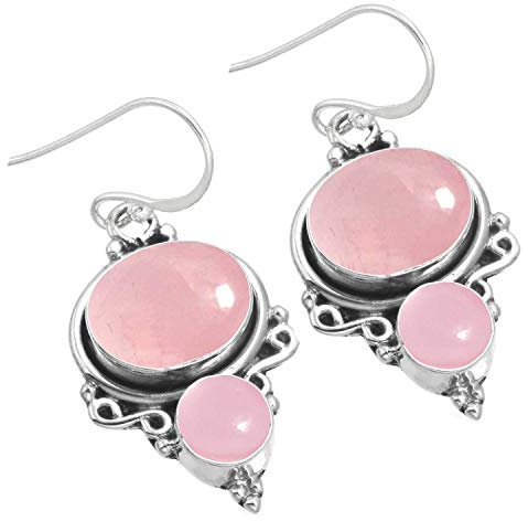 Jeweloporium Rosa Rosenquarz Ohrhänger Silber, 925 Sterling Silber Ohrring für Frauen, Ovaler Edelstein Boho Schmuck