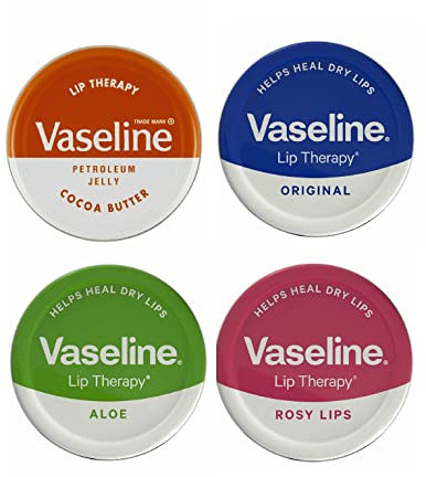Vaseline Lip Balm Petroleum Jelly 20g Lip Therapy. Cocoa Butter, Aloe, Rosy Lips and Original Flavour. Soothes Dry Lips (Pack of 4)