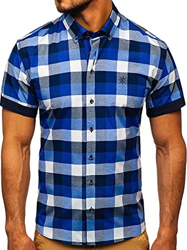 BOLF Homme Chemise a Manches Courtes A Carreaux Decontractee Chemisier Elegante Affaires Fete Choix de Couleur Classique Basic Slim Fit Casual Style 5532 Bleu Fonce S [2B2]