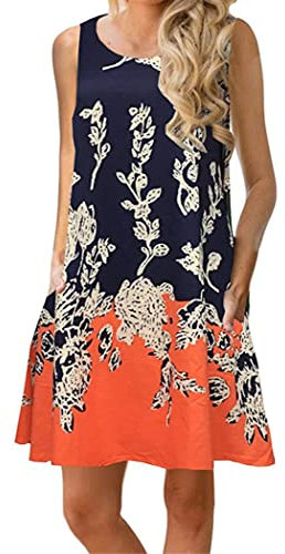 OMZIN Damen Vest Kleid Baumwolle Slim Fit Partykleid Tunika Bedruckt T-Shirt Kleid Blumen Blau/Orange XXXL