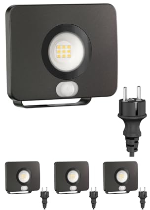 ledscom.de 4 Stück LED Gartenstrahler WEGA für außen, IP44, Bewegungsmelder, Stecker, schwarz, 11,9 W, 880lm, weiß