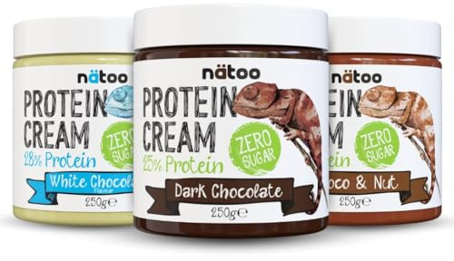 NÄTOO Crema Proteica senza Zucchero, 3x250g, 28% di Proteine, Keto Diet, Crema Spalmabile Senza Zucchero, Ideali come Dieta Chetogenica Prodotti, Cioccolato Fondente, Bianco e Nocciola
