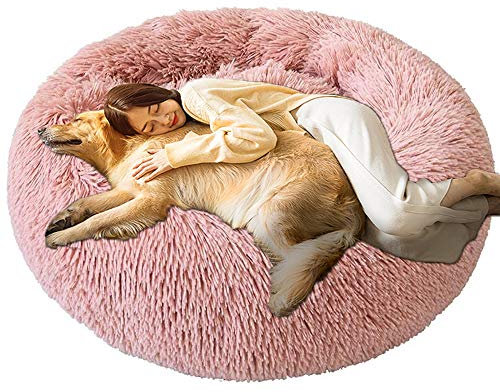 DUCHEN Lit pour Chien Grande Taille XL 100cm Rose, Panier Anti Stress, Coussin Apaisant XXL, Rond Orthopédique, Tapis Moelleux Lavable, Fermé, Moyen Taille, Déhoussable