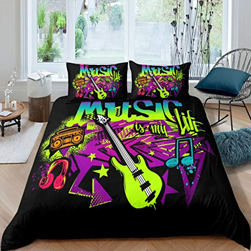 Gitarren-Bettbezug 135×200 Größe, Kinder Teenager Musik Rock Trösterbezug, Hip Hop Kopfhörer Bettwäsche Set Hipster Grunge Graffiti Style Bettbezug Für Jungen Mädchen Jugend, Leichtes Raumdekor
