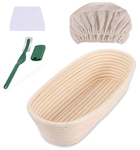 QUTAII Gärkörbchen Oval ø 28 cm x 14 cm,Höhe 8 cm Gärkorb für Brot und Brotteig aus natürlichem Peddigrohr,ideale Brotform Brotkasten Gärkörbchen mit Leineneinsätze, Teigschaber und Messer (Weiß)