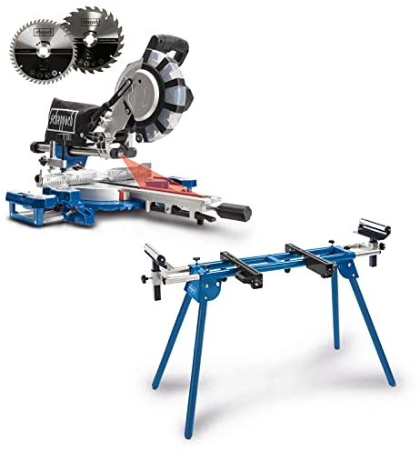 Scheppach Kappzugsäge HM216SPX inkl. UMF2000 Untergestell | 65cm Schnitthöhe | 34cm Schnittbreite | Ø210mm | 2000W | inkl. 2. Sägeblatt | Maschinentisch | Belastbarkeit 250kg | 1116-2000mm