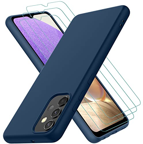 Oureidoo Coque pour Samsung Galaxy A32 4G, avec 3 Verre trempé Protection écran, Housse Silicone Liquide, Fin et Léger, Étui de Protection Contre Les Chocs et Les Chutes, Bleu