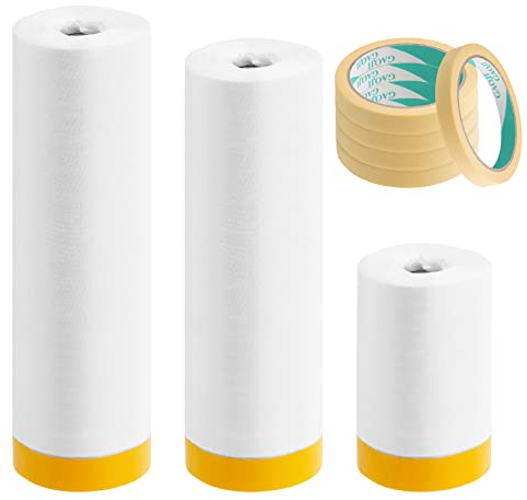 Glarks Lot de 8 rouleaux de papier de masquage pré-collés et 5 rubans adhésifs pour peinture automobile, peinture, protection de meubles