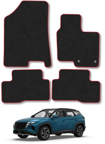 Fits Hyundai Tucson (2021+) [Hybrid] Carpet Car Mats | Red Edge Trim Tailored Fit Floor Mats Full Coverage Protection Accessories Easy Clean Anti Slip Made in the UK