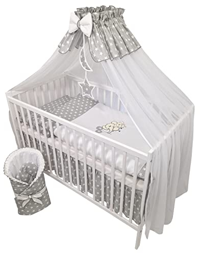 Bello24 - 13 Teiliges Babybett Kinderbett und Bettwäsche komplett Set Timmi inkl. Matratze höhenverstellbar für Neugeborene Babys und Kleinkinder aus Massivholz (Elefanten - Grau)