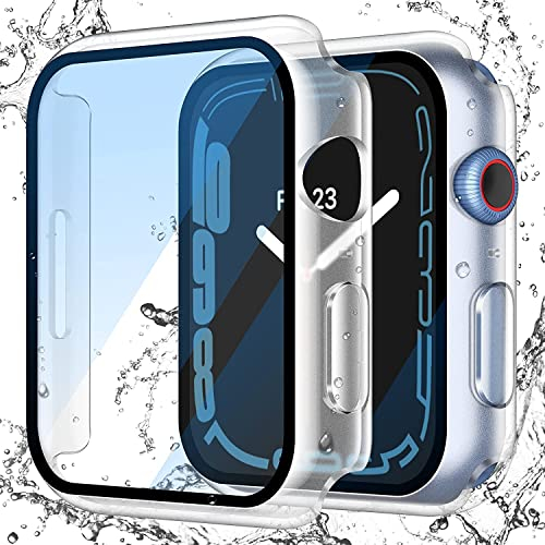 Misxi Transparent Wasserdichtes Hülle mit Gehärtetem Glas Displayschutz für Apple Watch Series 9 Series 8 Series 7 45mm, HD Ultradünne Stoßfeste Vollschutz PC Schutzhülle für iWatch, 2-Stück