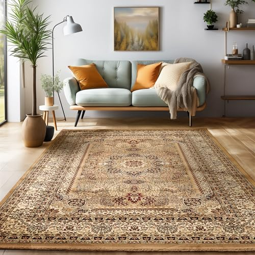 SIMPEX Orientalischer Teppich Wohnzimmer, Schlafzimmer, Esszimmer, Läufer, Flur Boho Teppich Kurzflor Weich 12 mm Carpet Orient, Beige, 160 x 230 cm