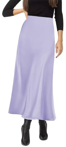 Amy Babe Satin-Seidiger Maxirock mit hoher Taille für Damen, eleganter elastischer Bund, A-Linie, langer Rock, Flieder, Mittel