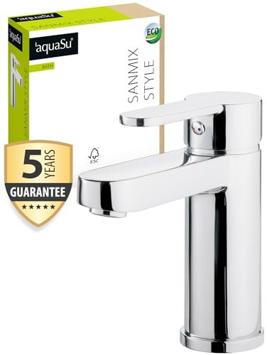 'aquaSu® Waschbeckenarmatur Sanmix Style, Einhebelmischer mit Wasserspar-Kartusche, Waschtischarmatur mit Pop-Up-Ventil, Keramikkartusche, Montage von oben, Messing-verchromt, 795609