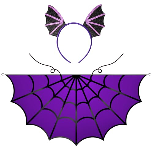 Landifor 2tlg Spinnen Kostüm Kinder Lila Spinnenumhang Spinnennetz Umhang Spinnenkostüm Spinnen Netz Poncho mit Spinne Haarreif Kinderkostüm für Mädchen Junge Karneval Fasching Maskerade Cosplay