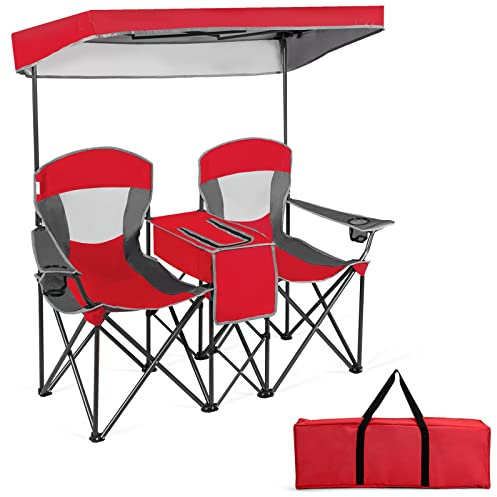 COSTWAY Chaise de Camping Pliante 2 Places avec Parasol Amovible et réglable, Chaise de Plage avec Glacière et Porte-Gobelet, pour Pique-Nique, Pêche, Charge 120KG Chaque Siège (Rouge)
