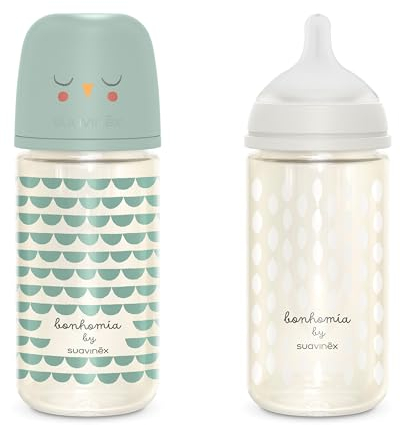 Suavinex, Lot 2 Biberons en Verre 240 ml (2 x 240 ml). Biberon avec Tétine Symétrique SX Pro en Silicone à Débit Moyen (M). Avec Valve Anti-Colique. Silicone Fin Ultra-Doux. Bébés, +3 Mois, Vert, Gris
