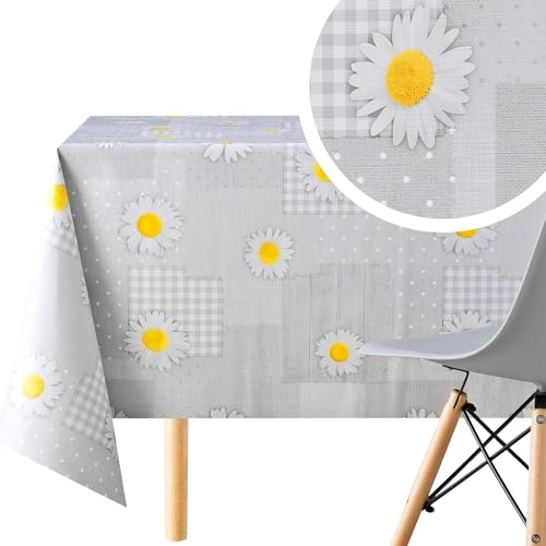KP HOME PVC Wachstuchtischdecke Rechteckig 300x140 cm - Abwischbare Tischdecke Kunststoff Wasserdichtes für 10 Personen - Vinyl Tischtuch, Grau Margerite Kamille Blumen Patchwork-Design