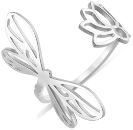 Dreamtimes Lotusblüte Blume Ringe für Frauen Libelle Ring Inspiration Lotus Blume Ringe Offen Einstellbare Finger Ring Vintage Schmuck Buddha Yoga Ring Ehering Weihnachtsgeschenke (S-Libellen)