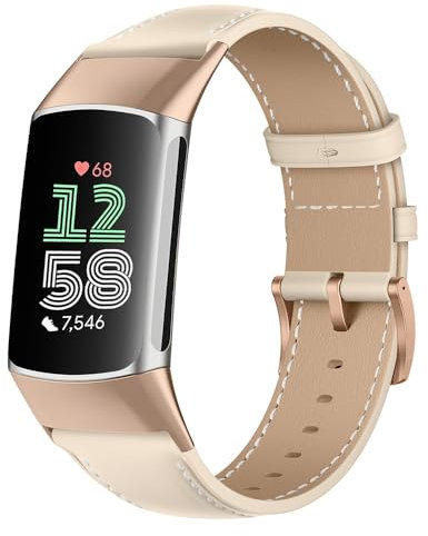 Niboow Armband mit rostfreier Schnalle für Fitbit Charge 5/Charge 6, Weiches Atmungsaktives Leder Sport Uhrenarmband für Fitbit Charge 5/Charge 6 - Weiß