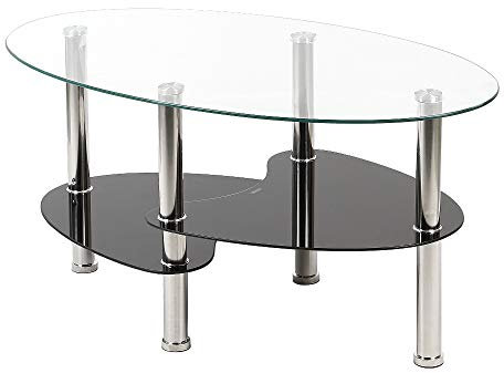 Willonin Couchtisch aus Glas, oval, mit verchromten Füßen, mit 2 Einlegeböden, Couchtisch aus Sicherheitsglas, Wohnzimmertisch/Couchtisch, 90 x 50 x 43 cm (Schwarz transparent), MZ0404-03