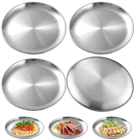 Assiettes en Acier Inoxydable, Lot de 4 Plats de Service, Plateau de Camping, Plats Ronds pour Cuisine, Salle à Manger, 20 cm