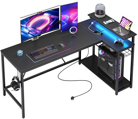 Bestier 147CM L-Shaped Gaming Desk with RGB Lights & Power Outlets, Reversible Corner PC Workstation with Storage & Hooks for Gamers or Home Office