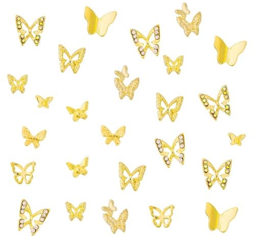 PEUTIER 50pcs Butterfly Nail Charms, 3D Alloy Butterfly Nail Art Charms Shiny Nail Butterfly Decoration Butterflies Nail Art Jewels Accessories DIY Nail Supply for Women Manicure (Golden)
