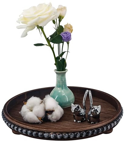 GMFrames Round Decorative Tray Coffee Table Tray with Wood Beaded,Rustic Centerpiece Serving Tray for Farmhouse Kitchen Decor,Bathroom Organizer Brown