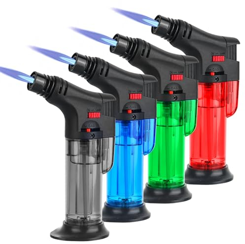 smtfcty 4 Pièces Briquet Tempête Gaz Briquet Rechargeable Flamme Réglable Chalumeau de Cuisine Briquets pour Camping, Extérieur, Cuisine, Barbecue (Gaz non Inclus)