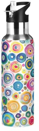 JUMBEAR Color Dots Wasserflasche mit Strohhalm-Deckel, 600 ml, vakuumisolierte Edelstahl-Wasserflaschen, auslaufsicher, Wasserflasche für Fitness, Sport, Outdoor, 623 ml