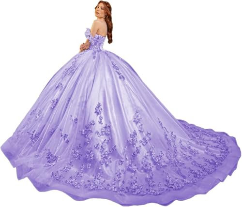 Fuomomo Vestidos de quinceañera Sweet 15 16 Vestido de Fiesta con Flores 3D y Hombros Descubiertos Vestidos de quinceañera de Encaje con Cuentas de Princesa MT031