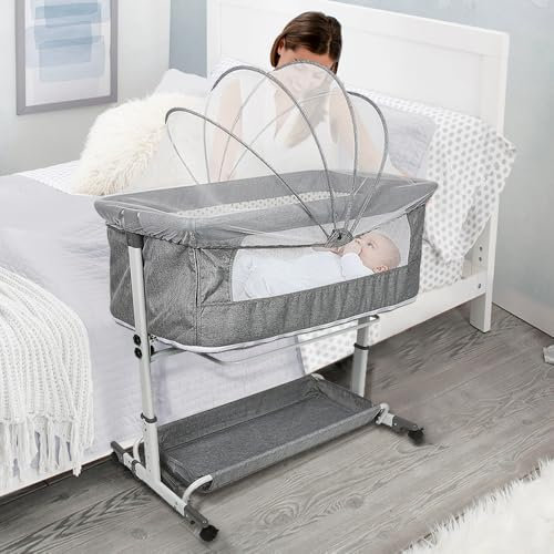 WODFARR Codododowiege, klappbar, Beistellbett für Babys mit weicher Matratze und Moskitonetz, zusammenklappbar, kann als Wiege für Haustiere verwendet werden (113 x 66 x 84 cm, grau)
