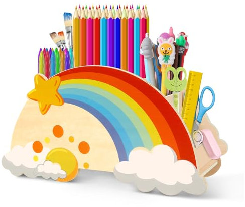 Jokisa Rangement Bureau Enfant, Pot a Crayon Enfant En Bois Pour, Organiseur Bureau, Accessoires Avec 5 Compartiments, Organisation De La Salle De Classe