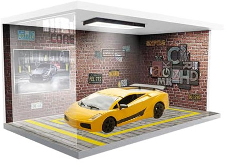 Modellauto-Vitrine im Maßstab 1:24 – Auto-Garage-Vitrine | Fahrzeug-Garage-Vitrine mit Parkszene, Simulation eines Parkplatz-Vitrine im Maßstab 1:24 mit Beleuchtung für Druckgussautos