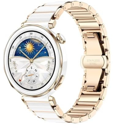 WUURAA Correa de cerámica y Metal de 18mm for Huawei Watch GT5 Pro, 42mm, GT5, 41mm, pulsera de negocios for Huawei Watch GT4, correa de 41mm(Rose gold white,18mm)
