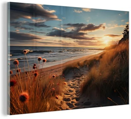 MuchoWow© Glasbilder 90x60 cm Deko Schlafzimmer Aesthetic Wohnzimmer Glas Gemälde Foto Geschenk Living Room Decoration Strand - Sonnenuntergang - Dünen - Meer - Sand