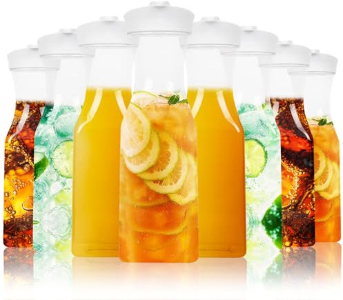 Juego de 8 jarras de plástico con tapa, jarras de 1 litro para barra de mimosa, recipientes grandes de base cuadrada, botella de agua, recipiente de leche, recipientes transparentes para bebidas para