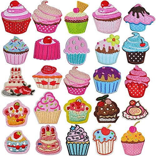 HiyyFloy 30 Stück Cupcake-gestickte Aufnäher, Bunte Aufnäher Zum Aufbügeln Für Kinderkleidung, Jacken, Süße DIY-Stickereien, Niedliche Nähen, Basteln, Dekoration