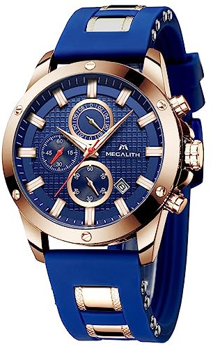 MEGALITH Reloj de Pulsera Grande Hombre: Cronógrafo Impermeable Elegante - Relojes Azul Analogico Caucho