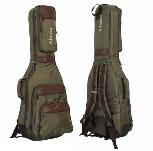 VEKTO Tasche für Akustikgitarre, 40 mm dicke Polsterung, wasserdicht, doppelt verstellbarer Schultergurt, Gitarrenkoffer, Gigbag 104 cm (41 - 106,7 cm) mit Ledergriff, Grün