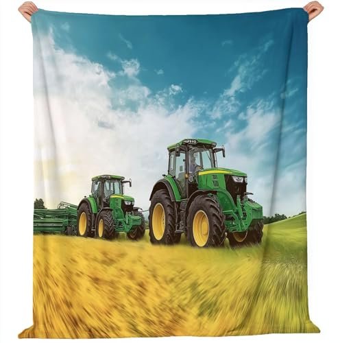 Kuscheldecke Flauschig 150 x 200 cm Flanell Decke Gelb Grün für 4 Jahreszeiten, Surreal Felder Bauernhof Traktor Weich Warm Leicht Fleecedecke für Sofa Bett Couch