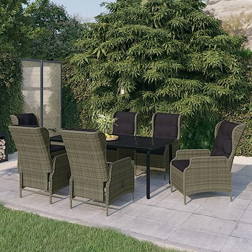 7-TLG. Gruppo da giardino in rattan PE marrone con piano in vetro, sedie regolabili, cuscino ideale per terrazza, balcone, esterno