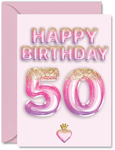 50th Birthday Cards for Women and Men, Pink & Purple Glitter Balloons | Happy Birthday Card for 50 Year Old Man Woman Brother Nanny Cousin Grandma, A5 Bday Greeting Cards