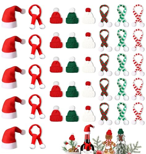PYSEOSISE 40 Stück Mini Weihnachtsmütze und Schal, Kleine Weihnachtsmützen für Flaschen, Mini-Strickmütze des Weihnachten und Mini Schal für Weihnachten Tischdeko Weihnachtsfeiern