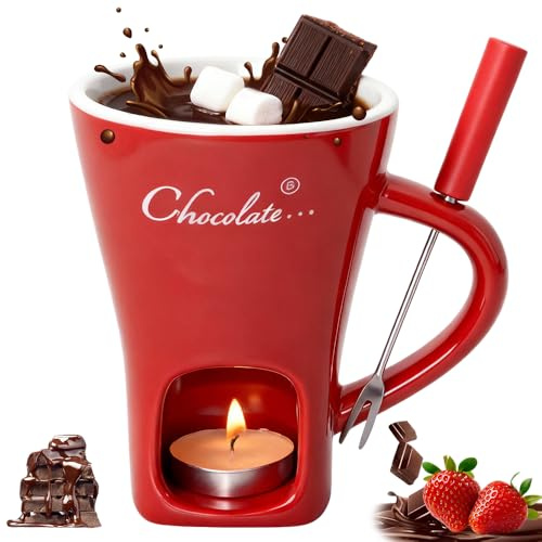 Wxeadu Schokofondue Tasse Set, Keramik Schokoladenfondue Tasse mit Gabel, 130ML Schoko Fondue Tassen, Persönlicher Käse Schmelzbecher, Schokofondue Teelicht, Chocolate Fondue Tasse für Eiscreme (Rot)