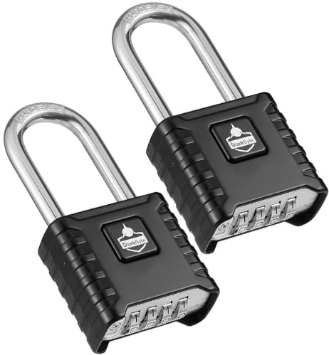 SharkByte Confezione da 2 lucchetti a combinazione ad arco lungo, resistenti alle intemperie, 52 mm, 4 cifre, ganci in acciaio inox da 8 mm, antiruggine e ripristinabili, per cancelli, recinzioni